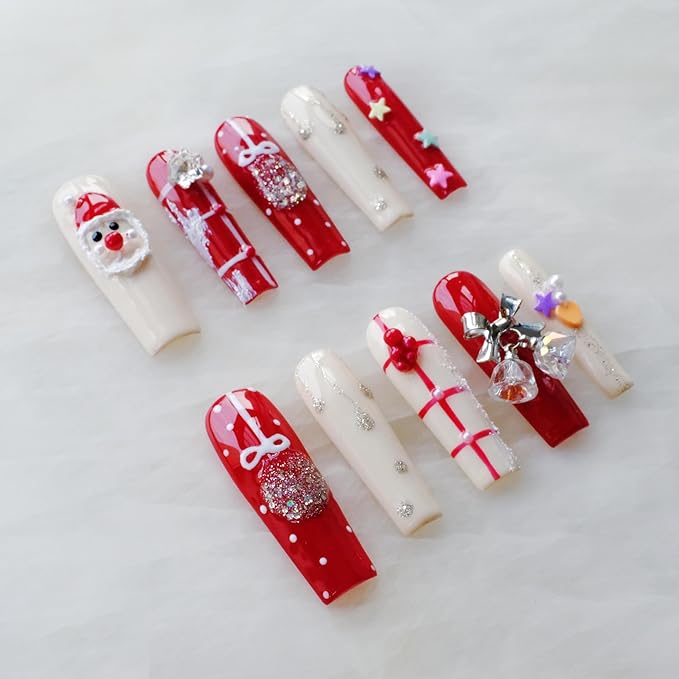 Christmas Press-On Nails, Long Coffin Shape, Red and White Holiday Design with Snowman and Bows, 10 Pieces (XS, LS)