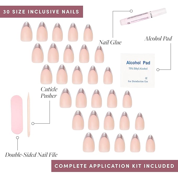 Glamnetic Press On Nails - Mirror Mirror | Trendy Short Almond Nails with Metallic Chrome Silver French Tips | 15 Sizes - 30 Nail Kit with Glue