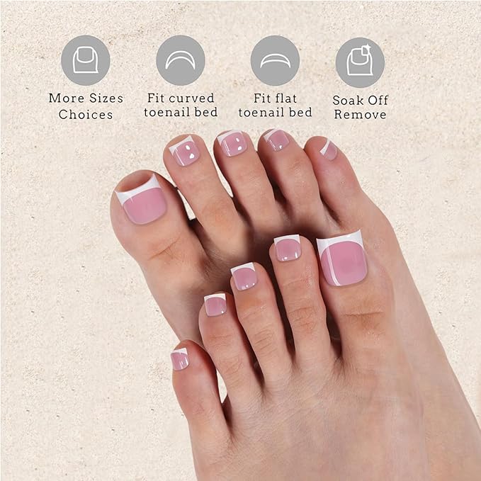 240Pcs Toe Press on nails, Short Square Pink Toe Nail Press Ons for Women in 15Sizes, French Tip False Toenails Extension, Soft Gel Toe Nail Tips, Acrylic Full Cover Fake Toenails for Girl
