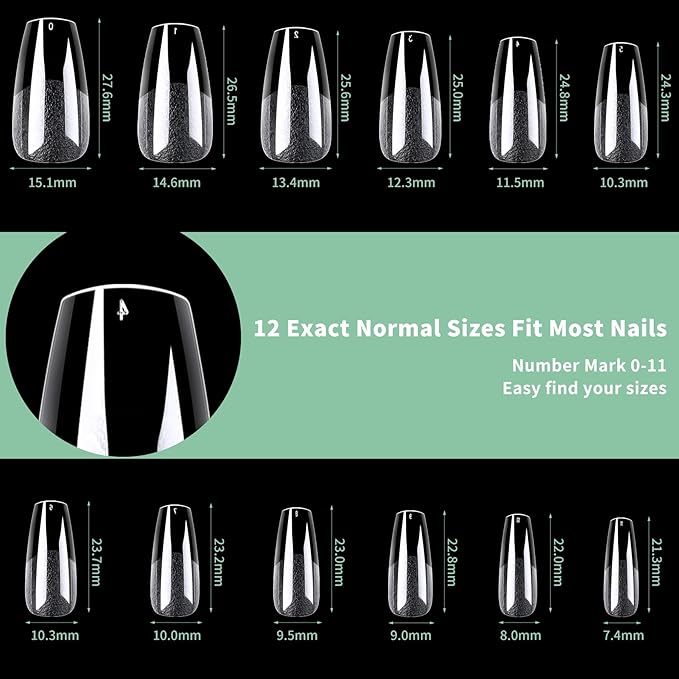 Medium Coffin Nail Tips, 216pcs Acrylic Ballerina Soft Fake Nails Gel Nail Tips, Full Cover Pre-Shaped Matte Clear Press on Nails for Extension, Diy at Home Manicure 12 Sizes