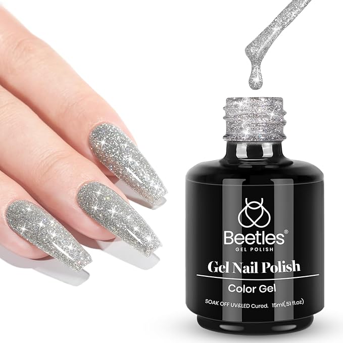 Beetles Reflective Glitter Gel Nail Polish, 15ml Silver Glitter Nail Polish Shimmer Soak Off Uv LED Lamp Gel Nail Art Manicure Salon DIY Home Diamond Gift for Women