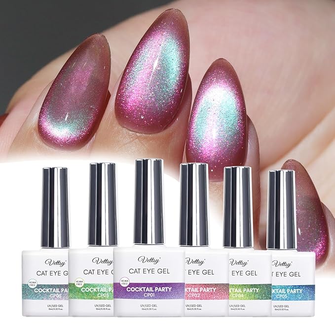 vettsy Magnetic Gel Nail Polish Set with Magnet, 6 Colors Cat Eyes Gel Polish Kit with Cat Eyes Effect for DIY Nail Art Manicure at Home (Cocktail Party)