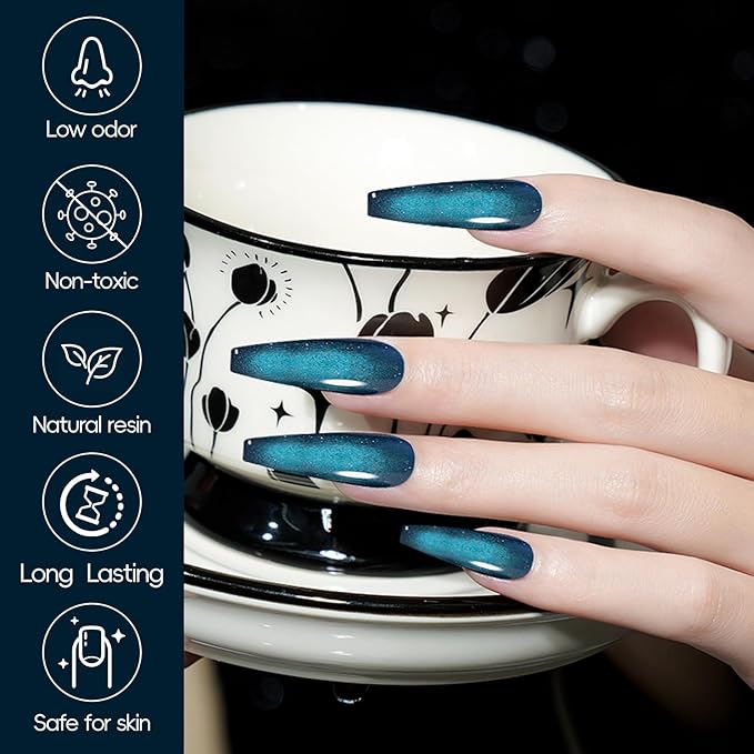 Adhere 7Pcs 12ML Cat Eye Gel Nail Polish Set, Multi Colorful Light Reflective Glitter Cat Eye, Sparkling Diamond Magnetic Shine Pearl Color Dark Cat Eye with Magnet