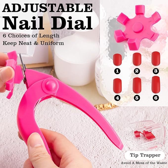 Belleboost Adjustable Acrylic Nail Clippers with Sizer and Catcher, Hot Pink Professional Dial Stainless Steel Blade Nail Tips Cutter, Artificial Fake Nail Trimmer, Manicure Tool for Salon Home