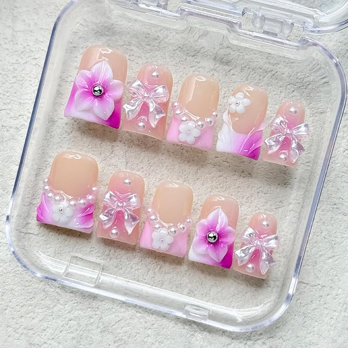 Luxury Handmade Duck Press on Nails Gradient Pink French False Nails with Glue,Medium Fake Nails Bow Art ＆ 3D Flower Design Muti-Layer Gel Thick Press ons Nail Reusable Acrylic Nails for Women(Size S)