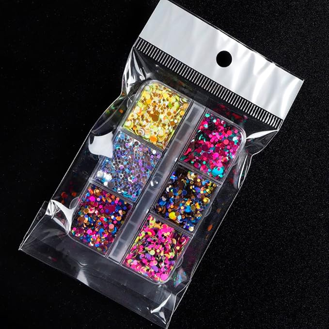 Nail Art 3D Round Sequin Holographic Glitter Nail Colorful Mixed Size Circle Flake Sparky Confetti Design Decoration DIY Accessories for Women 6Colors