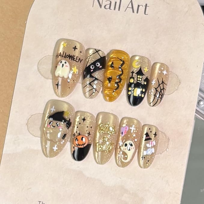 30Pcs Halloween Press on Nails Medium Almond Fake Nails with Gold Letters Cute Ghost Star Designs Goth Pumpkin False Nails Full Cover Artificial Glue on Nails Halloween Holiday Stick on Nail for Women