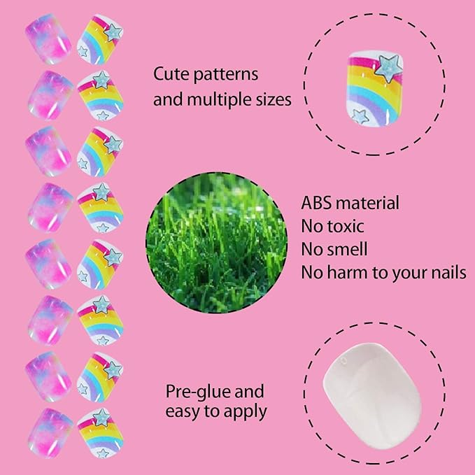 SIUSIO 132 Pcs 6Pack Kids Press on Nails Children Acrylic Fake Nails Cute Pre-glue Full Cover Glitter Gradient Color Rainbow Short Stick On False Nail Art Kits Set for Kids Little Girls - Spendid Pony