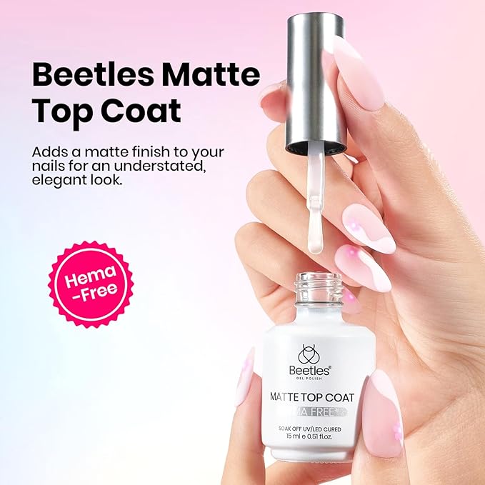 Beetles Gel Base and Top Coat Set with Matte Top Coat – 3 Pcs No Wipe Gel Nail Polish Kit, Glossy & Matte Finish, HEMA Free UV LED Soak Off Long Lasting Manicure Essentials