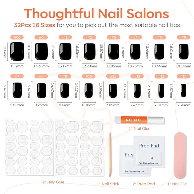 Modelones 32Pcs Black Press on Nails, Short Square Fake Nails, Reusable Nail Kit with Nail Glue Adhesive Tabs Mini Nail File, Nails Press Ons 16 Sizes, Women Girl Gift
