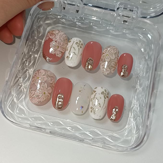 Short Oval Press on Nails,Peach Yogurt Base Glue on Nails,Hand-Painted Cloisonné Florals False Nails Press ons,Artisan Chinese Style Fake Nails Kit,Enamel Wire Inlay Nail Art Tools 10pcs(L)