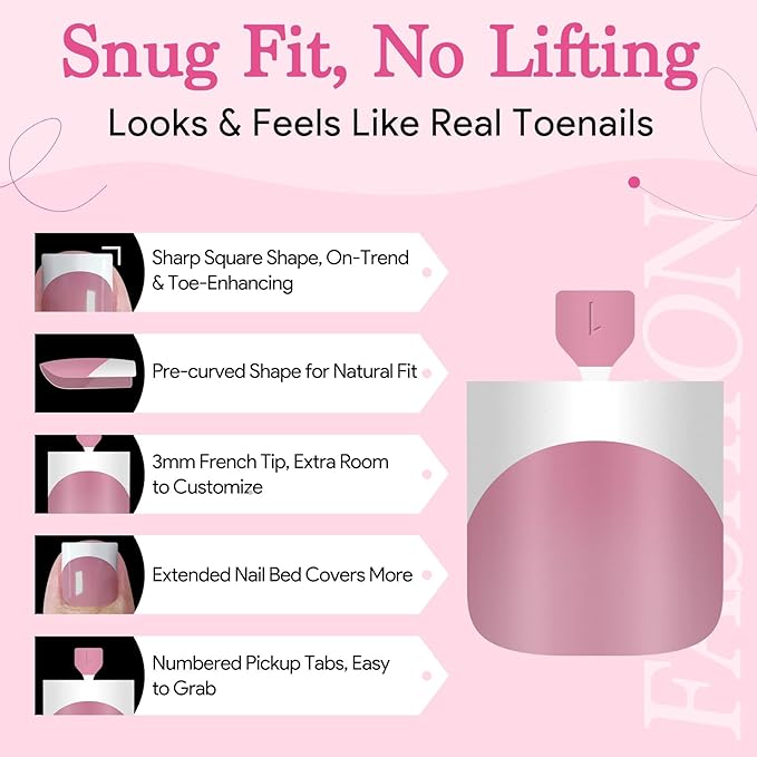 Toe Nails Press On French Tips for Women, 15 Sizes 150 Pcs Sharp Square Pre-applied Primer & Base Coat Toenail Press Ons Baby Pink Full Cover Fake Tips Extension, Builder Nail Gel & Top Coat Required