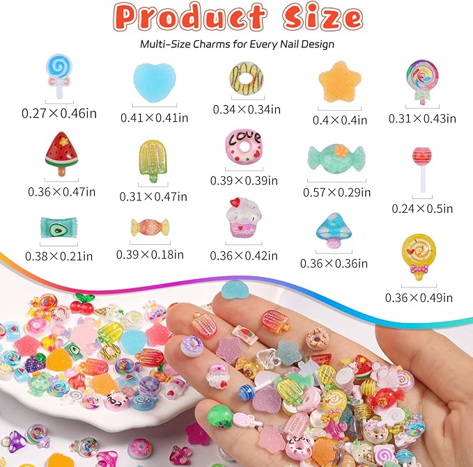 210PCS Kawaii Candy Nail Charms Kit: 3D Lollipop, Donut & Fruit Resin Charms for Acrylic Nails, Sweet Nail Art Supplies with Tweezers for DIY Crafts, Slime & Shoe Decor