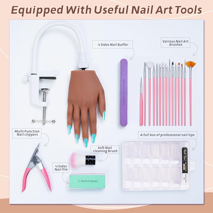 Practice Hand for Acrylic Nails,Silicone Nail Practice Kit for Hands,with Flexible Bendable Fingers,Nail Art Gel Polish Practice, Manicure Supplies for Beginners