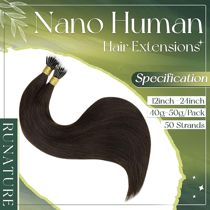 RUNATURE Brown Nano Hair Extensions Real Human Hair Darkest Brown Nano Tip Hair Extensions Real Human Hair Brown Nano Ring Extensions Real Hair 12 Inch 40 Gram