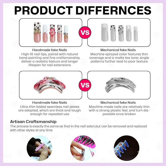 10 Pcs Handmade Acrylic Press on Nails Short Duck Fake Nails with Design 3D Rhinestone Curve Charms Glue on False Nails Artificial Full Cover Handmade Nails for Women - Size M
