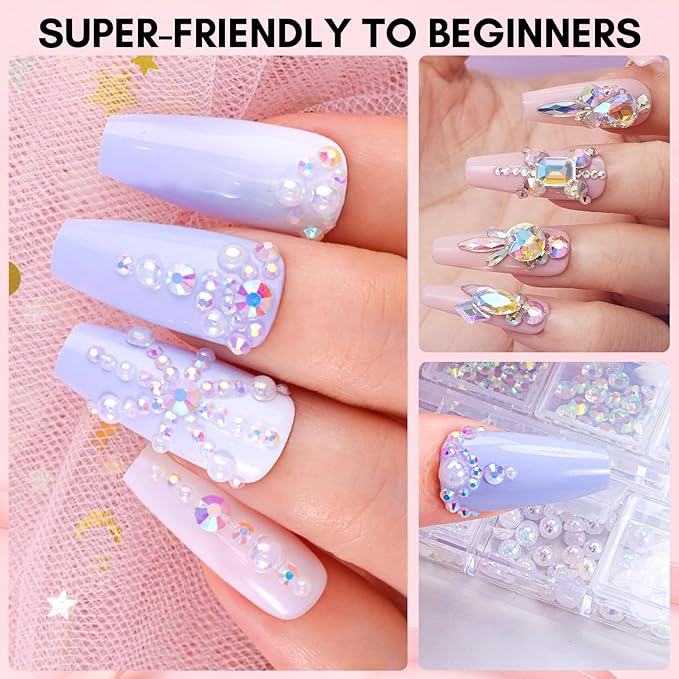 Makartt AB Rhinestones Gel Nail Glue for Gems, 8ML with Half-Round Pearl & Rhinestone Picker Tweezers, Strong Adhesive for Nail Gems, Diamond Art & Nail Charms Decoration