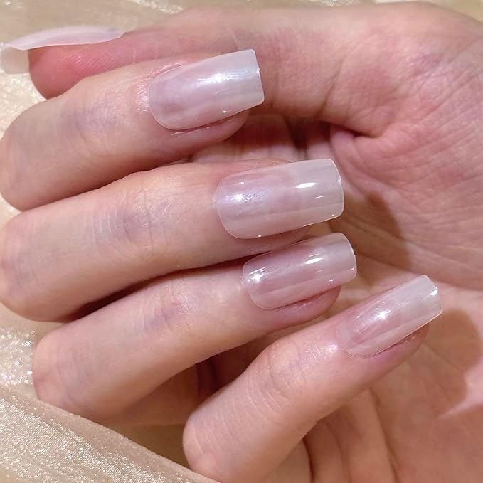 24PCS Sheer Pink Press On Nails - Pearlized Square Medium Length with Rose Quartz Chrome Finish, Glazed Fake Nails for Bridal & Vacation Wear (Blush Frost & Moonlight Sheer)