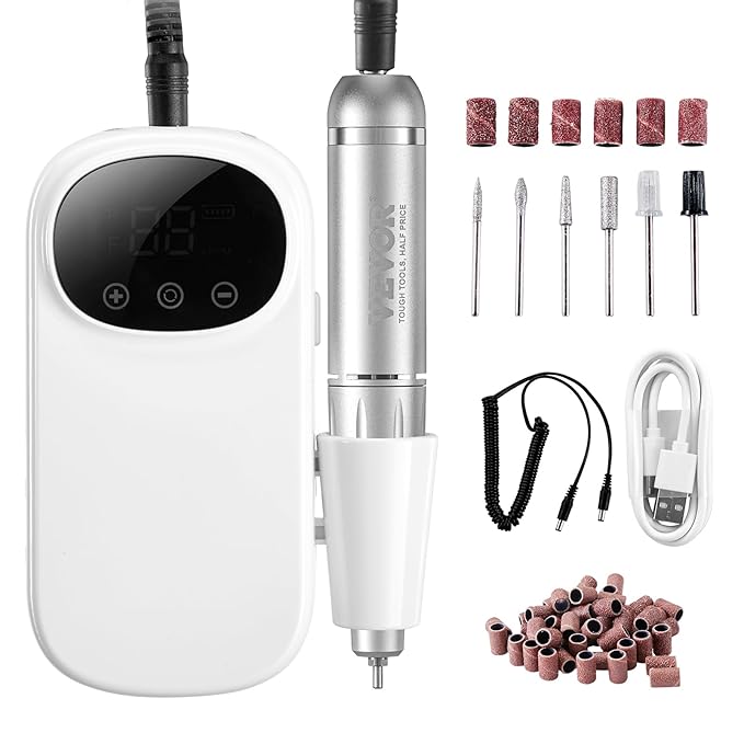 VEVOR Portable Electric Rechargeable Nail Drill, 35,000RPM Cordless Nail E File Machine, LCD-Display Acrylic Gel Grinder Tool for Manicure Pedicure Carve Polish with 6 Bits and 50PCS Sanding Bands