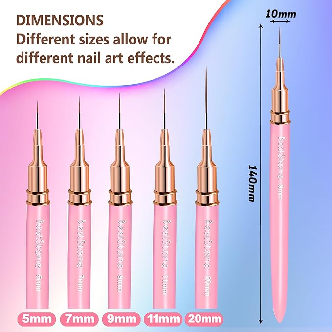 Nail Art Liner Brushes, 5Pcs Professional Gel Polish Painting Art Design Pen Set for Long Lines, Thin Details, Fine Drawing Sizes 5/7/9/11/20mm Nail Art Design Gift for Women(Pink)