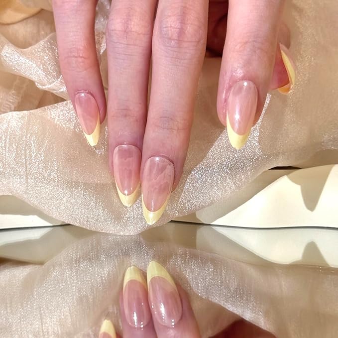 24 PCS Yellow French Tip Press On Nails Pink Chrome Nails Mirror Metal Chrome Nails Soft Gel Fake Nail