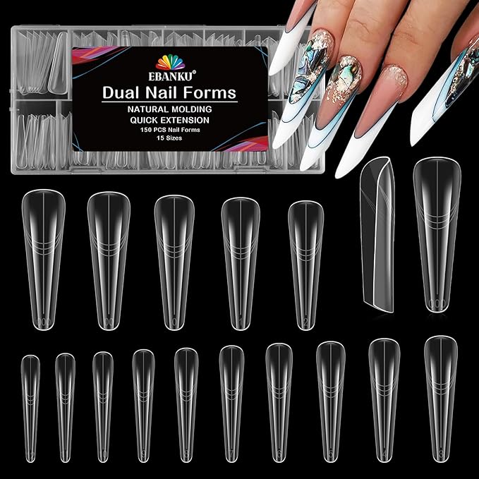 EBANKU Dual Nail Forms for Poly Extension Gel, 150 PCS Clear Coffin Nail Molds Reusable 15 Sizes Nail Extension Forms for Builder Gel Manicure Design Salon DIY