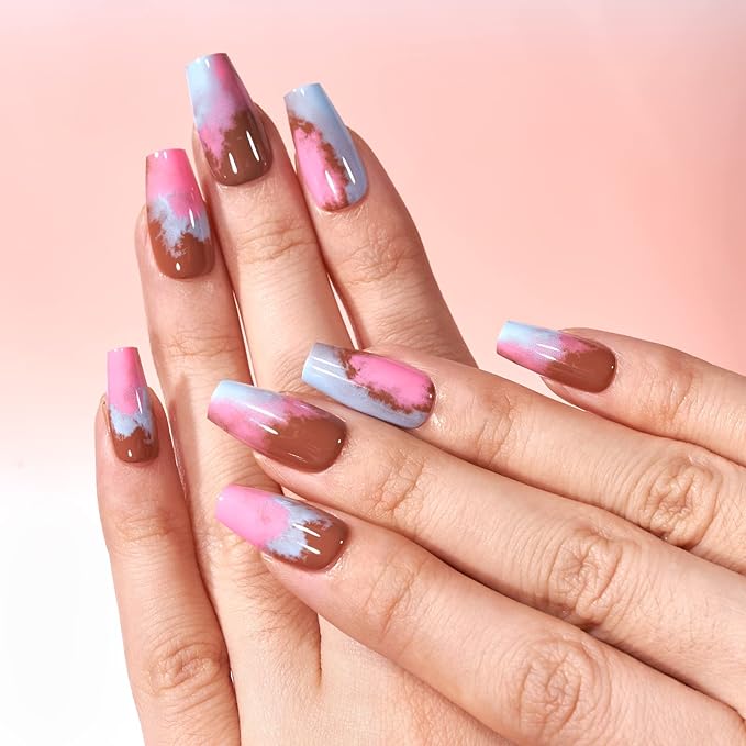 BTArtbox Press on Nails Medium - Coffin Press On Nails with Glue and Adhesive Tabs for Women, Soft Gel Glue On Nails in 15 Sizes - 30 Stick On Nails Kit, Cherry Blossom Latte