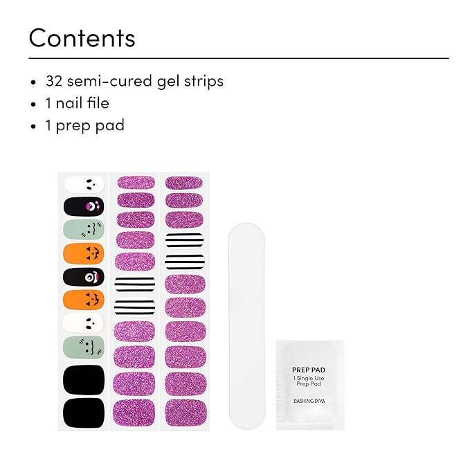 Dashing Diva Gloss Nail Strips - Monster League - UV Free, Chip Resistant, Long Lasting Gel Nail Stickers - 3-Piece Halloween Manicure Set - Contains 32 Wraps, 1 Prep Pad, 1 File