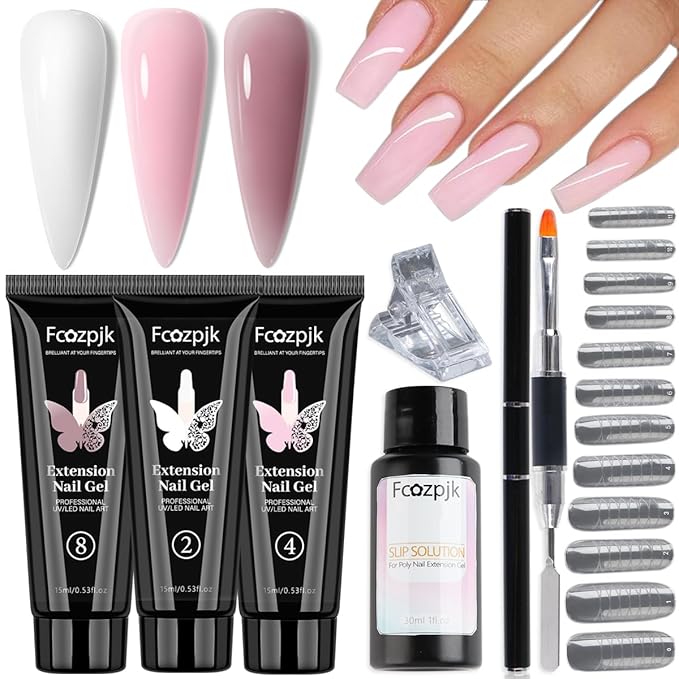 Poly Gel Kit - White Mauve Nude Pink Builder Gel Set With Slip Solution and Dual Nail Forms