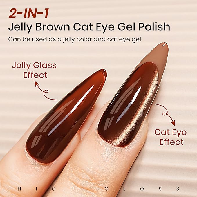MIZHSE Brown Jelly Glass Cat Eye Gel Nail Polish, 12mL Holographic Glitter Cateye Gel Polish U V LED Sheer Color Magnetic Gels Nail Polish for Nail Salon Home DIY