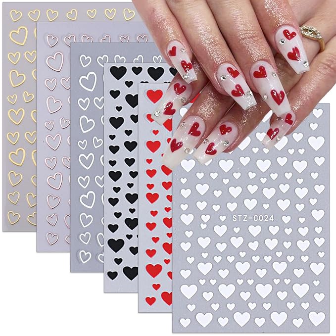 6 Sheets Valentines Nail Stickers 3D Heart Nail Art Stickers Decals Black White Red Gold Silver Heart Nails Design Nail Decals Valentines Nail Supplies for Women Acrylic Nails Decoration DIY