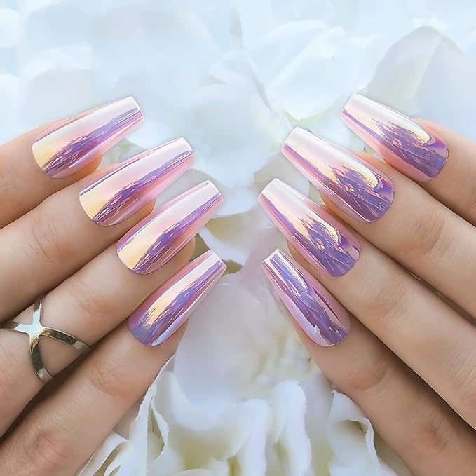 Hypnaughty 24 Pcs Party Star Chrome Coffin Medium Long Press On Nails and Glue Reflective Mirror False Nails (Party Star)