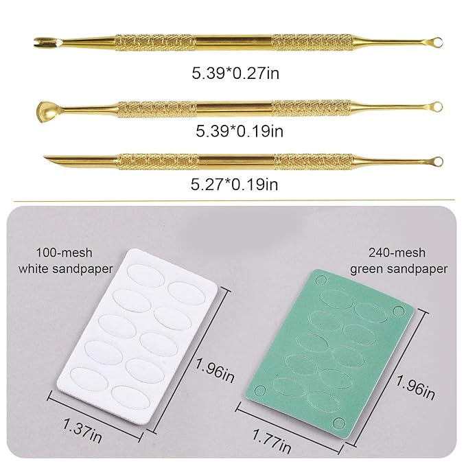 3 Pieces Gold Stainless Steel Double-End Nail Cuticle Pusher Nail Art Pre-Treatment Cuticle Remover Tool With 10 Sheets Sandpaper Dead Skin Removal Nail Cuticle Remover Trimmer Pen