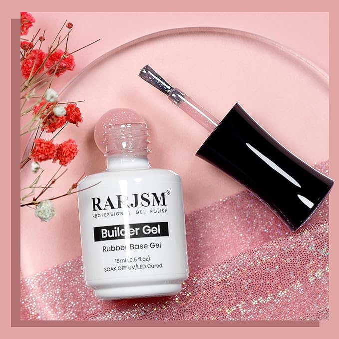 RARJSM Nude Rubber Base Gel Nail Polish Rainbow Glitter Sheer Light Pink Rubber Base for Nails Iridescent Brush on Quick Extend Builder Hard Gel Soak Off Curing Requires 15ml French Manicure