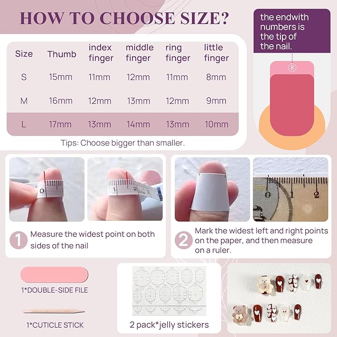 Fake Nails Set Brown White Long Medium Square Cute 3D Bear Love False Nail Tips, Press On Nails, Artificial Art Nails Finger Manicure for Women and Girls(CDJ0003-L)