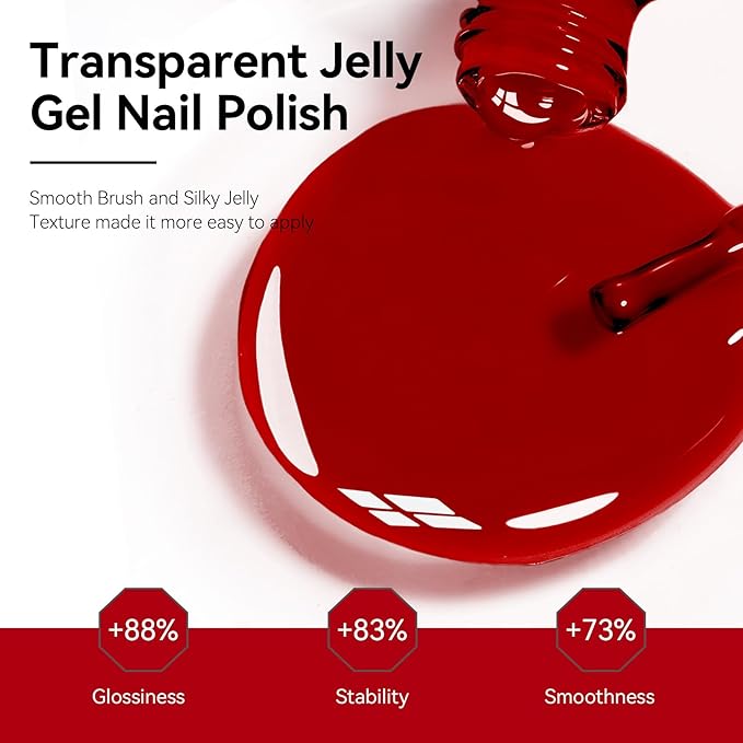 MEGIOR Jelly Red Gel Nail Polish 0.5 Fl Oz Red Transparent Colors Soak Off UV LED Lamp Light Cure Gel Polish Kit for Salon and Nail Art Starter Manicure DIY at Home