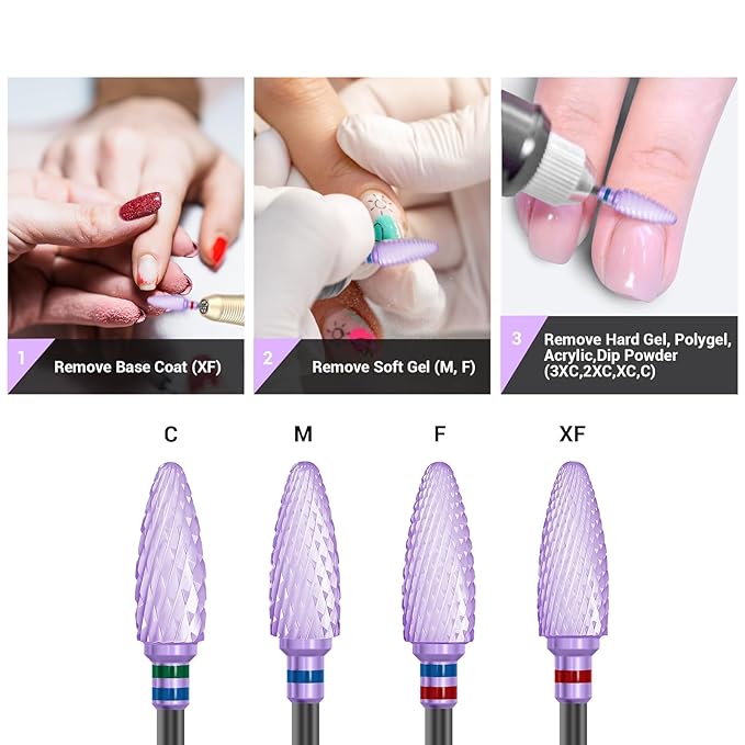 MelodySusie Ceramic Nail Drill Bit, 3/32'' (2.35mm) Professional Acrylic Nail File Flame Drill Bit for Manicure Pedicure Cuticle Gel Nail Polishing, Beginners Bits, Purple, Series Bit-S, Medium