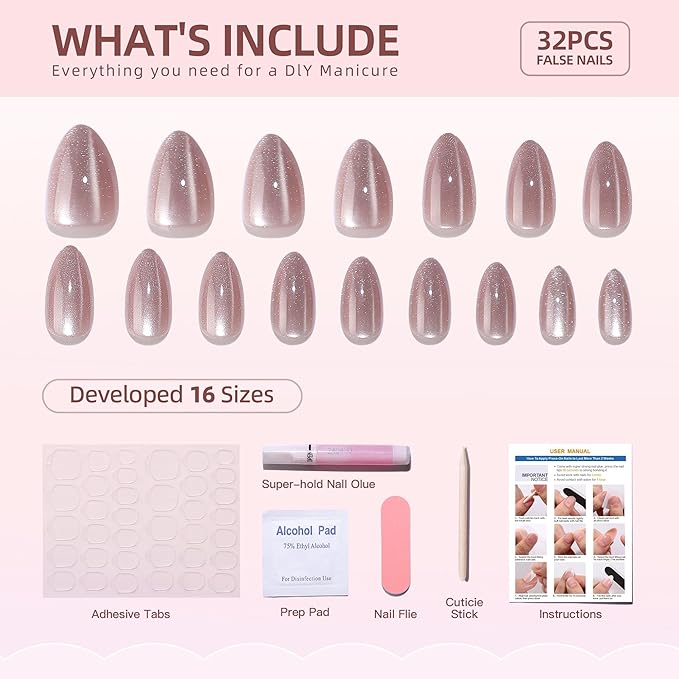 RTKHFZE Soft Gel Fake Nail-Press On Nails Almond with Nail Glue,Gel Cat Eye Nails Tip,Reusable Short Stick On Nails in 16 Sizes - 32 False Nails Kit for Gift Idea