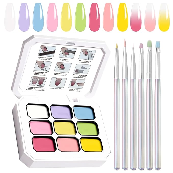Gradient Gel Nail Set, 9 Bright Colors Ombre Gel Nail Polish with 6 Aurora Multi-Purpose Brushes for Pigment Pat Nails French Manicure Nail DIY Painting Soak Off UV J Fairy Spring
