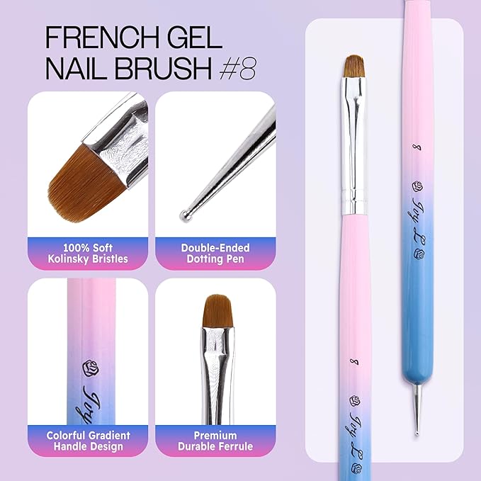 Ivy-L Premium 2 Way French Gel Acrylic Nail Art Kolinsky Brush With Dotting Tool for Professional Manicure Cuticle Clean Up Nail Art Design, Pink Blue Wood Handle (Size 8)