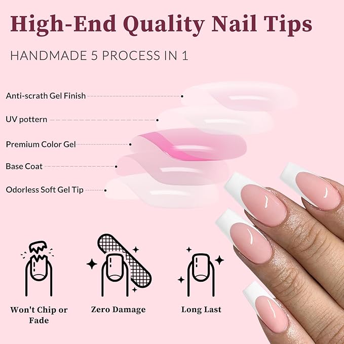 120PC White French Tip Press on Nails Medium Fake Nails Press ons with 5*Adhesive Tabs, Pink Square Acrylic Nail Press on Nail French Tip Nails False Artificial Fingernails Stick on Nails-A