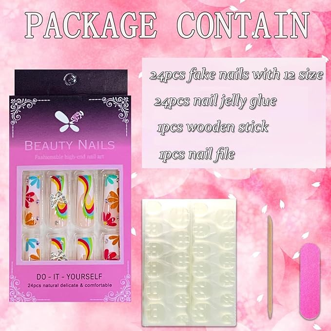 Press on Nails Coffin Long Length Acrylic Glossy Full Cover Square Shaped French False Nails with Designs Artificial Extra Long Fake Nails with Charms Glue ons Fingernails for Women(XXS289)