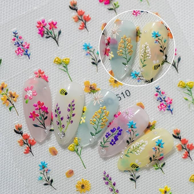Flower Nail Stickers Elegant Art Floral Nail Decals Charms 3D Self-Adhesive Bouquet DIY Date Spring Summer Nail Supplies Manicure for Nail Decorations 3 Sheet