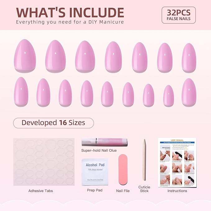 RTKHFZE Pink Press on Nails Short-RTKHFE Press On Nails Short Almond Nails Soft Gel Fake Nail with Nail Glue, Reusable Glue On Nails in 16 Sizes - 32 Pcs False Nails Fit Perfectly Kit for Gift Idea