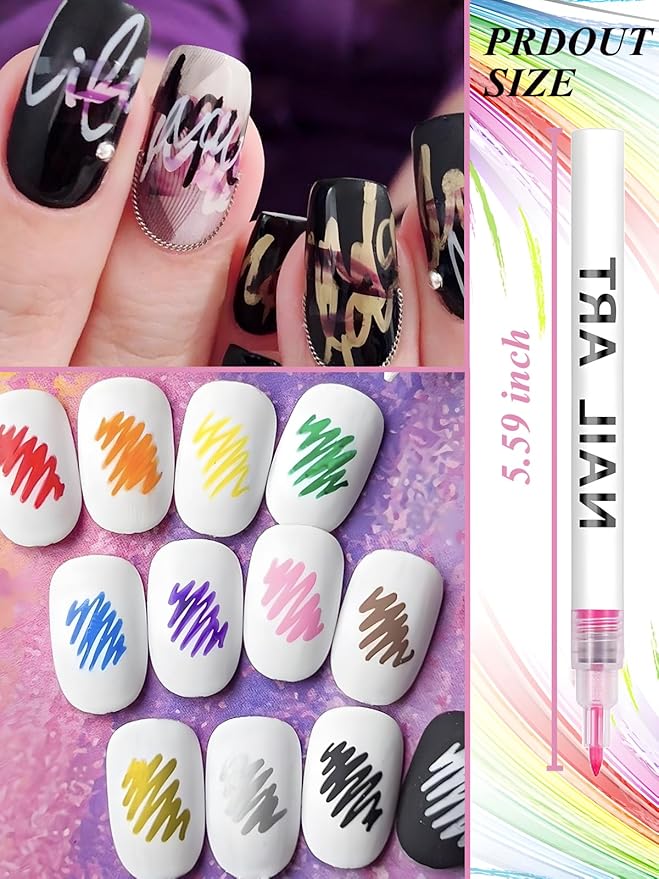12 Colors Nail Art Pens, 3D Quick Dry Nail Point Graffiti Dotting Liner Pen Sets Nail Art Painted Pen Drawing Nail Design Kit for Nail DIY Decoration Valentine Gift