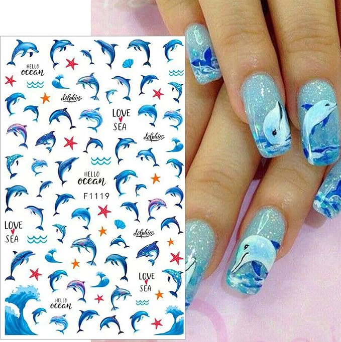Marine Life Nail Art Stickers -3D Cute Mermaid Nail Decals Self Adhesive Small Whale Nail Stickers with Little Fish Jellyfish Designs Nail Decal Summer Nail Supplies for Women DIY Manicure Decoration