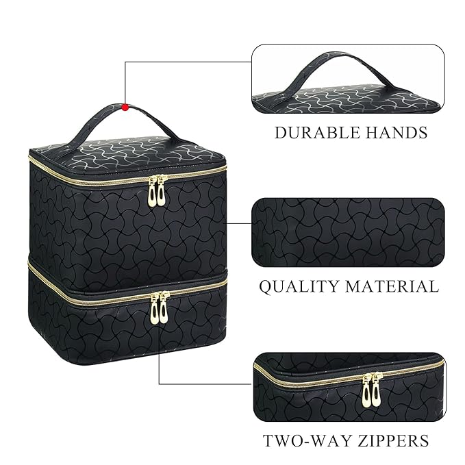 Upgraded Nail Polish Organizer Case - Holds 30 Bottles and 1 Nail Light, Double-layer Nail Bag Organzier Case Nail Polish Storage Bag with Handles (Black-HX)