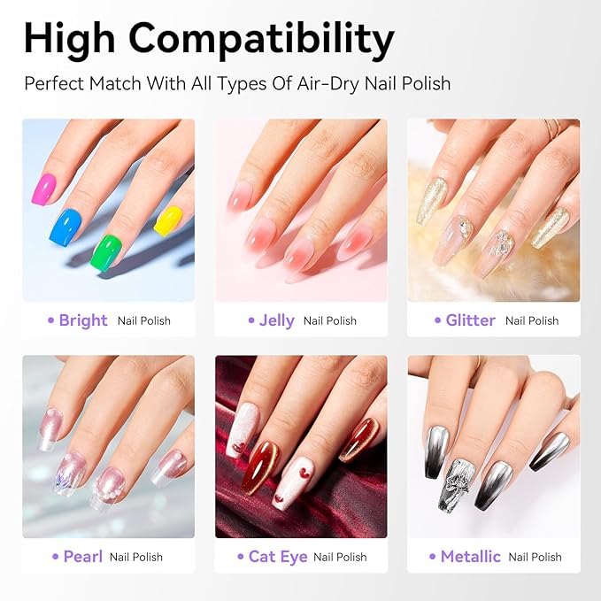 Clear Nail Polish Base Top Coat Anti-UV, 2PCS Rich in Calcium VE Nail Strengthener, High Shine Top Coat Chip Resistant Quick Air Dry Prevents Discoloration, Vegan Cruelty-free