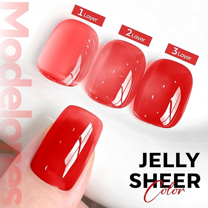 modelones Red Jelly Gel Nail Polish Translucent Gel Polish Red Neutral Sheer Nails Soak Off LED Nail Lamp Manicure Salon Gift 15 ML