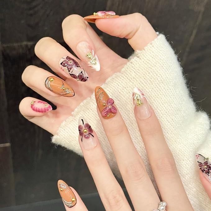 3D handmade nails press on false nails,Thick Strong Waterprooft almond hand-painted gentle flower orange gold white pink cute acrylic fake nails designed kit,10 Nails, Size L #3330